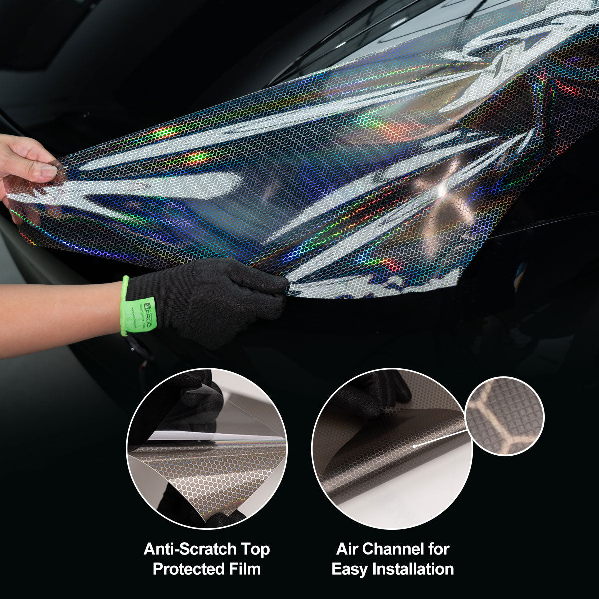 Light Black Holographic Honeycomb Headlight Film With Air Channel Paper Liner