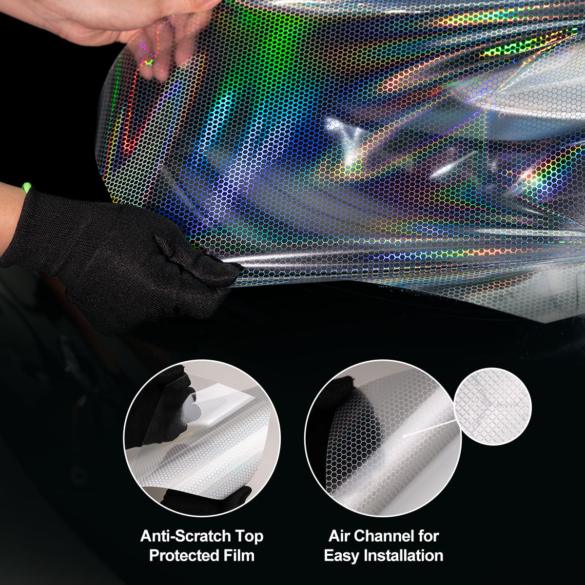 2 in 1 Light Black & Clear Holographic Honeycomb Headlight Film Kit with Air Channel Paper Liner